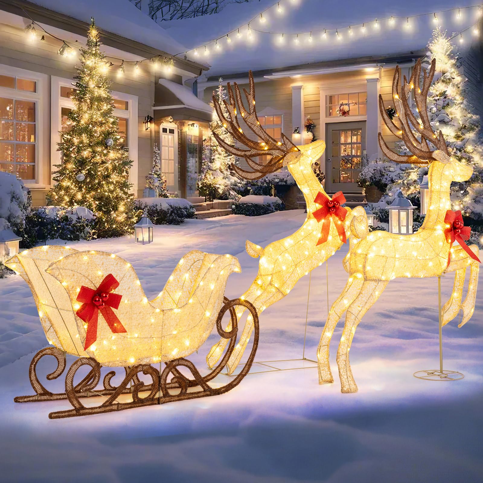 Tangkula 3-Piece Christmas Lighted Reindeer & Sleigh Set